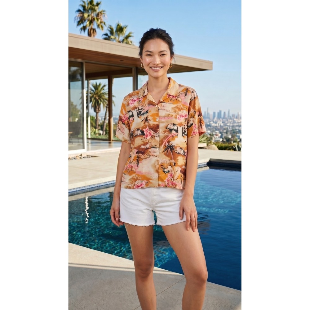 Jane Ashley Beige Multicolor Hawaiian Shirt M Tropical Floral Button-Up VTG